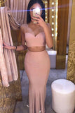 Two Piece Spaghetti Straps Criss-Cross Straps Blush Stretch Satin Prom Dress LR386 | ballgownbridal