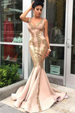 Mermaid V Neck Champagne Satin Long Prom Evening Dresses with Appliques PDA234 | ballgownbridal