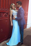 Two Piece Jewel Sweep Train Blue Satin Sleeveless Prom Dress with Appliques Lace LR59