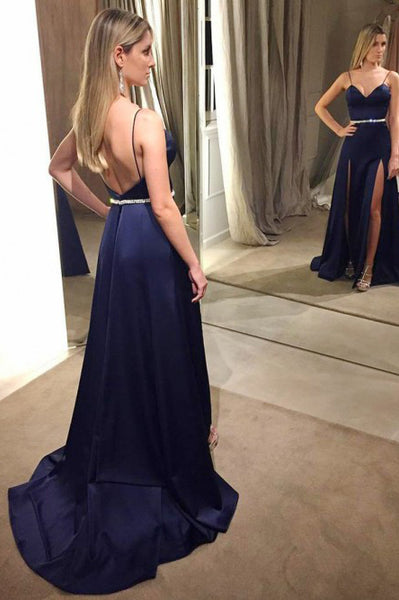 A-Line Spaghetti Straps Backless Navy Blue Prom Dress with Beading PDA287 | ballgownbridal