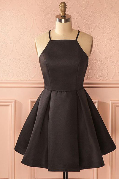 A-Line Square Neck Short Satin Black Homecoming Dress with Pleats PDA060 | ballgownbridal