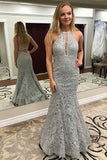 Mermaid Jewel Sweep Train Grey Lace Keyhole Backless Prom Dress with Beading LR123