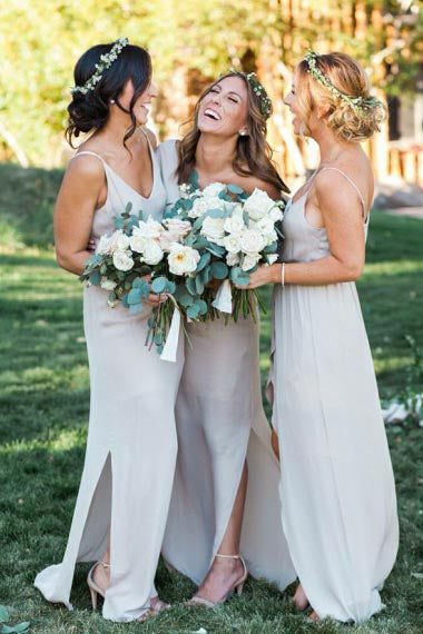 A-Line Deep V-Neck Split-Side Grey Long Chiffon Bridesmaid Dress AHC622 | ballgownbridal