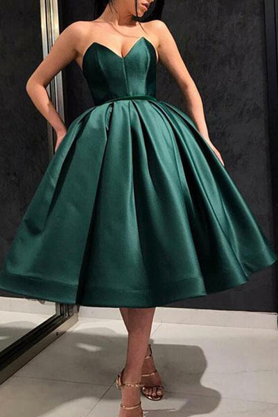 Sweetheart Green Satin Prom Dresses Royal Blue Tea Length Party Dress PDA132 | ballgownbridal