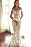 Mermaid Off-the-Shoulder Court Train Ivory Tulle Wedding Dress with Lace AHC600 | ballgownbridal