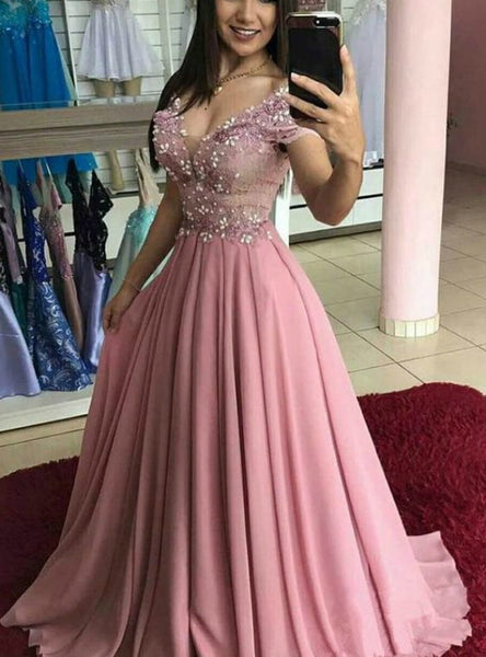 A-Line Pink Chiffon Off the Shoulder Appliques Prom Dress PA1695