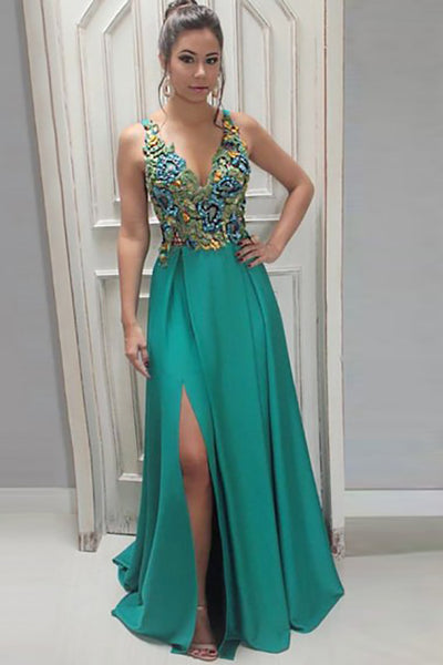 A-Line Deep V-Neck Sweep Train Green Satin Backless Prom Dress with Appliques LR404
