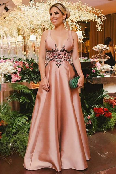 A-Line Deep V-Neck Sweep Train Blush Satin Backless Prom Dress with Beading LR480