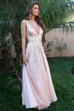 A-Line Deep V-Neck Floor-Length Pink Tulle Backless Prom Dress with Sequins LR70