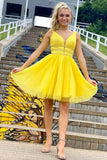 Cute Yellow Tulle Short Beaded Prom Dress PDA439 | ballgownbridal