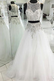 Two Piece Jewel Sweep Train White Tulle Sleeveless Prom Dress with Beading LR335