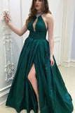 A-Line Halter Backless Floor-Length Dark Green Prom Dress with Keyhole Beading LR39