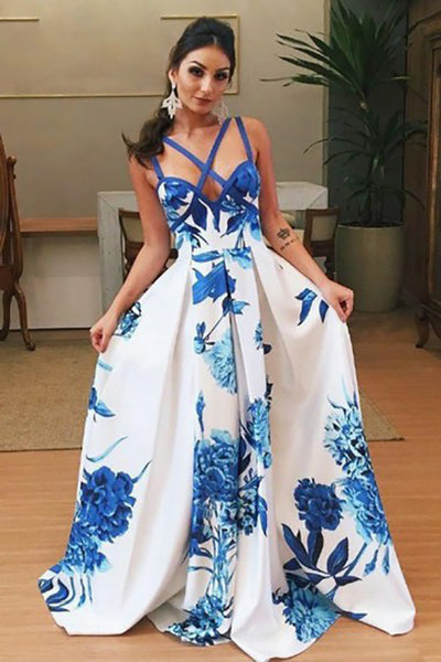 A-Line Deep V-Neck Sweep Train Criss-Cross Straps Blue Printed Satin Prom Dress LR280