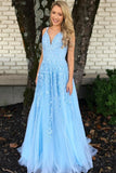 Blue Tulle V Neck Lace Applique Long Senior Prom Dress PDA444 | ballgownbridal
