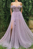 Sweetheart Light Lilac Pearl Tulle Off Shoulder Long Senior Prom Dress With Slit PDA486 | ballgownbridal