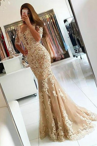 Mermaid Bateau Sweep Train Long Sleeves Champagne Tulle Prom Dress with Appliques LR433