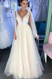 Charming A Line Deep V Neck White Wedding Dresses with Appliques PDA035 | ballgownbridal