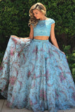 Two Piece Bateau Cap Sleeves Blue Printed Chiffon Prom Dress with Appliques LR243