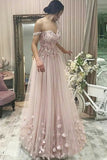 A-Line Off-the-Shoulder Floor-Length Pearl Pink Tulle Prom Dress with Appliques 184.99