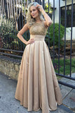 A-Line Jewel Sweep Train Champagne Satin Prom Dress with Appliques LR475 | ballgownbridal