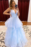 Light Blue Tulle Sequins Deep V Neck Long Senior Prom Dress PDA436 | ballgownbridal