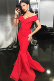 Mermaid Off-the-Shoulder Sweep Train Red Satin Sleeveless Prom Dress LR99