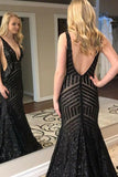 Mermaid Deep V-Neck Sweep Train Black Sequined Sleeveless Backless Prom Dress LR115