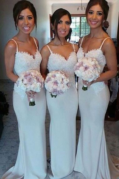 Mermaid Spaghetti Straps Sweep Train Grey Satin Bridesmaid Dress with Appliques AHC641 | ballgownbridal