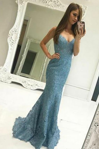 Mermaid Straps Sweep Train Blue Lace Sleeveless Prom Dress with Pleats LR250