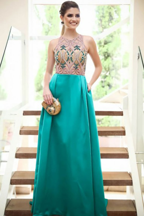A-Line Jewel Sweep Train Green Satin Prom Dress with Beading Pockets L ...