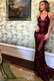 Mermaid Spaghetti Straps Backless Sweep Train Dark Red Sequined Prom Dress PDA407 | ballgownbridal