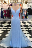 Mermaid Spaghetti Straps Sweep Train Blue Sequined Backless Prom Dress LR402 | ballgownbridal