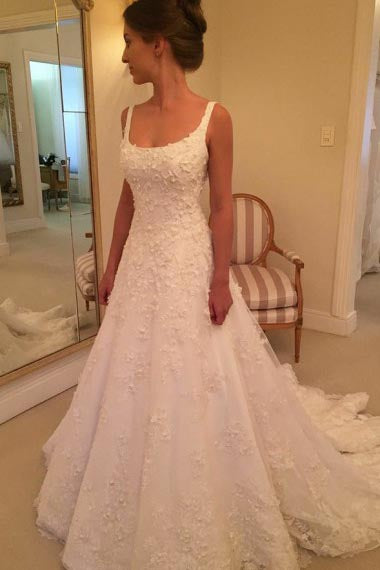 A-Line Scoop Sweep Train White Tulle Sleeveless Wedding Dress with Appliques AHC573 | ballgownbridal