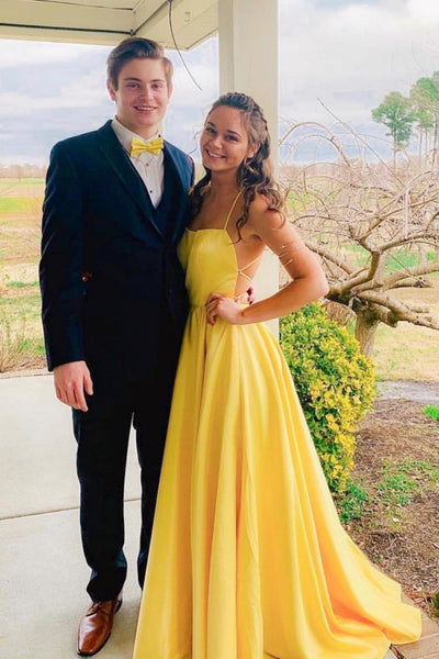 Yellow Satin Simple Open Back Long Prom Dress PDA445 | ballgownbridal