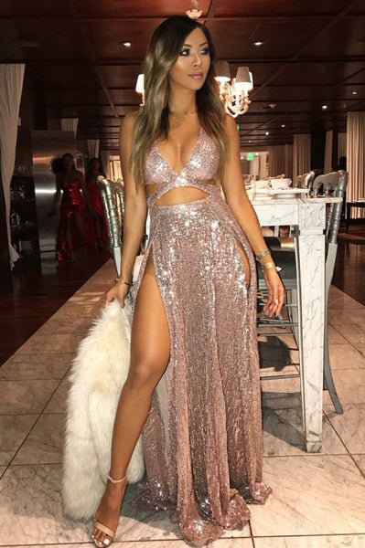 A-Line Deep V-Neck Floor-Length Blush Sequined Prom Dress with Split PDA342 | ballgownbridal