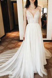 White Tulle Long Wedding Dresses Spaghetti Straps with Appliques PDA179 | ballgownbridal