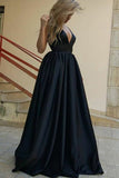 A-Line Deep V-Neck Sweep Train Navy Blue Satin Sleeveless Prom Dress LR316