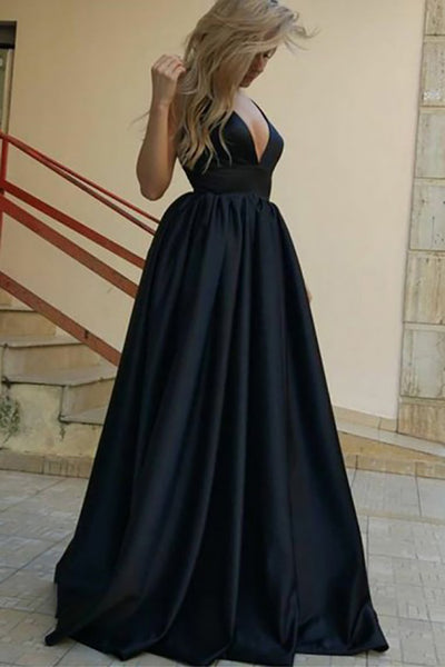 A-Line Deep V-Neck Sweep Train Navy Blue Satin Sleeveless Prom Dress LR316