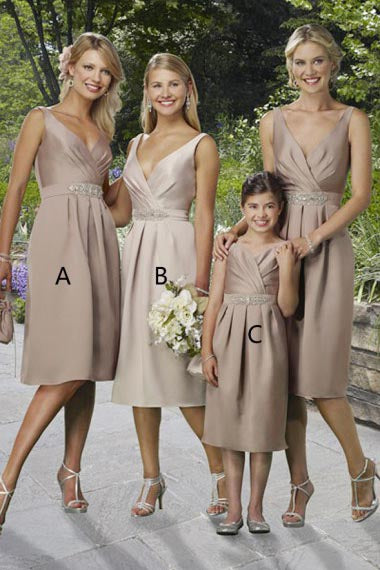 A-Line V-Neck Knee-Length Coffee Satin Bridesmaid Dress with Beading AHC655