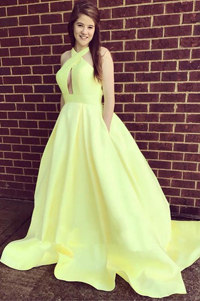 A-Line Cross Neck Sweep Train Keyhole Open Back Yellow Satin Prom Dress AHC511