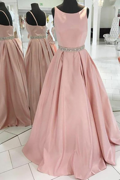 A-Line Crew Sweep Train Pink Satin Sleeveless Prom Dress with Beading LR346