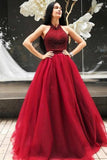 A-Line Halter Backless Sweep Train Red Prom Dress with Beading PDA305 | ballgownbridal