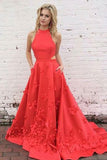 A-Line Jewel Sweep Train Red Satin Open Back Cut Out Appliques Pockets Prom Dress LR102
