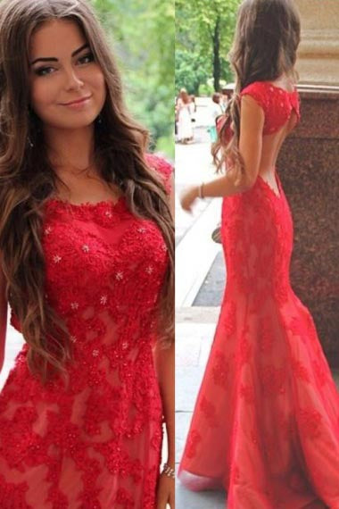 Mermaid Scoop Sweep Train Cap Sleeves Open Back Red Lace Prom Dress AHC683 | ballgownbridal