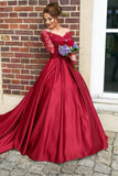 Ball Gown Off-the-Shoulder Sweep Train Long Sleeves Burgundy Satin Prom Dress with Appliques AHC682 | ballgownbridal