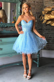 Simple Blue Tulle Sequins Strapless Short Prom Dress PDA493 | ballgownbridal