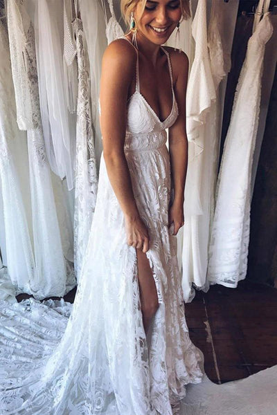A Line Court Train Halter Sleeveless Backless Side Slit Cheap Wedding Gown AHC560 | ballgownbridal