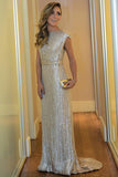 Mermaid Bateau Sweep Train Cap Sleeves Silver Sequined Backless Belt Prom Dress LR196
