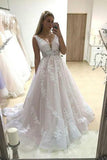 Charming A Line V Neck White Wedding Dresses V Neck Appliques PDA047 | ballgownbridal