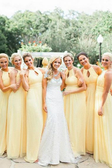 A-Line Halter Floor-Length Keyhole Yellow Chiffon Sleeveless Bridesmaid Dress AHC613 | ballgownbridal